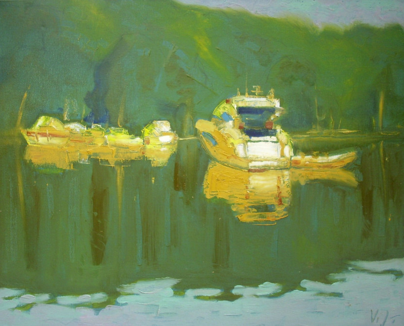 Boats in the Evening original painting by Vidmantas Jažauskas. Calm paintings