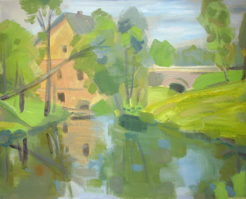 Water Mill in Estonia original painting by Vidmantas Jažauskas. 250 EUR or less
