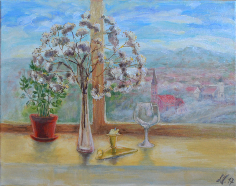 Kaunas Through The Window original painting by Violeta Latvytė-Narbutienė. Still-Life