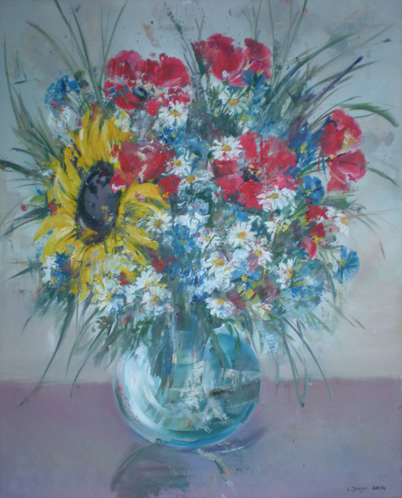 Laima Giedraitienė tapytas paveikslas Puokštė su saulėgrąža, Gėlės , paveikslai internetu