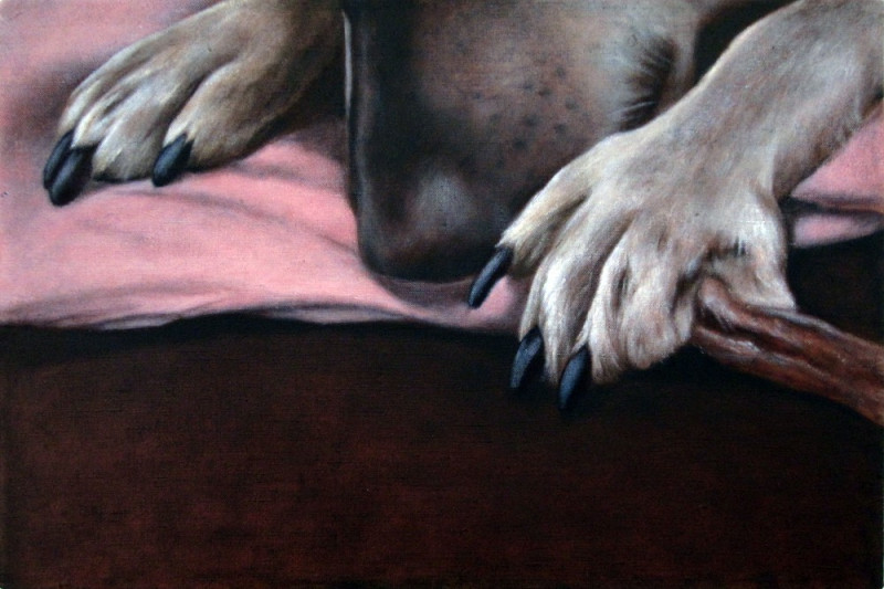 Gintarė Marčiulynaitė-Maskaliūnienė tapytas paveikslas Graužalą graužiančio šuns fragmentas, Animalistiniai paveikslai , pave...