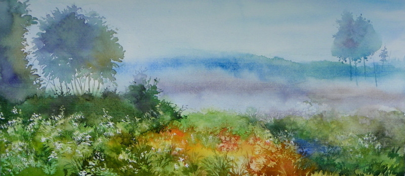 Meadow In The Fog original painting by Algirdas Zibalis. Watercolor painting