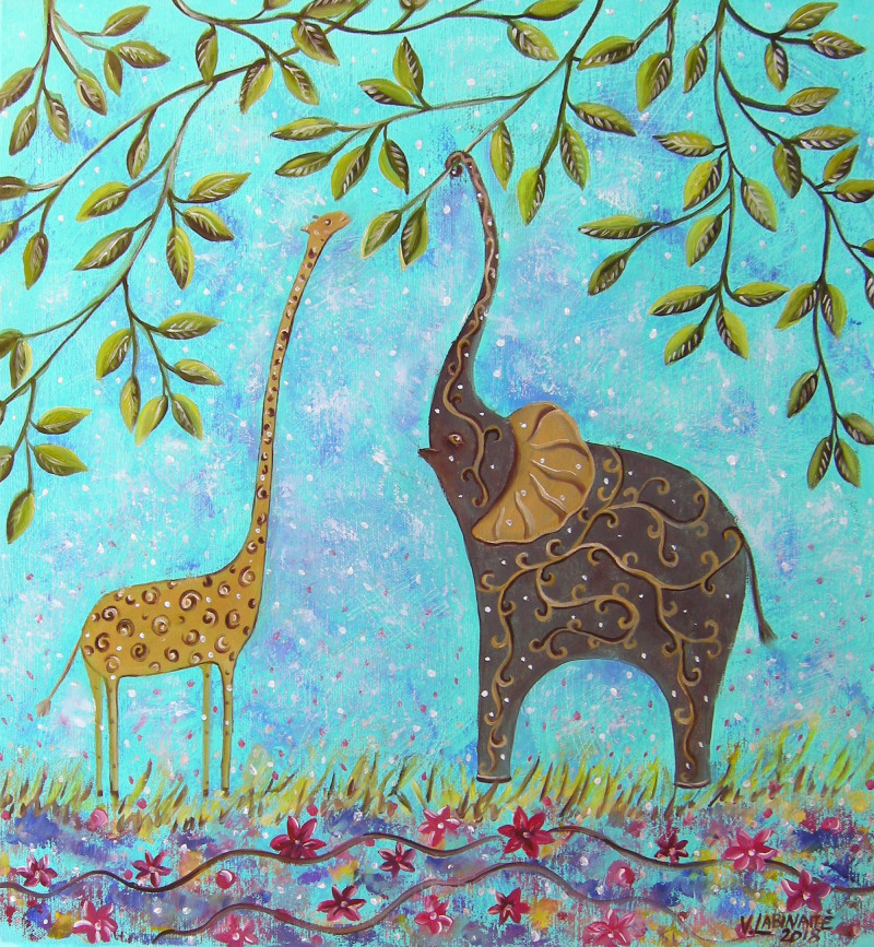 Little Elephant and Little Giraffe original painting by Viktorija Labinaitė. Fantastic