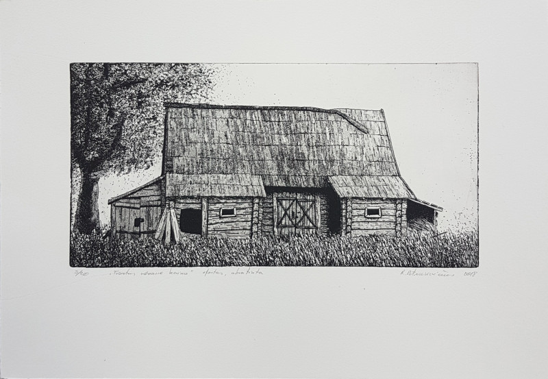 Barn In A Village original painting by Ramūnas Petrusevičius. Graphics and printing