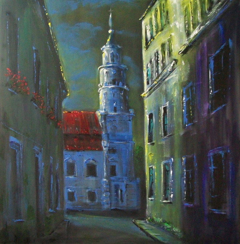 Oldtown Lullaby original painting by Petras Beniulis. Urbanistic - Cityscape