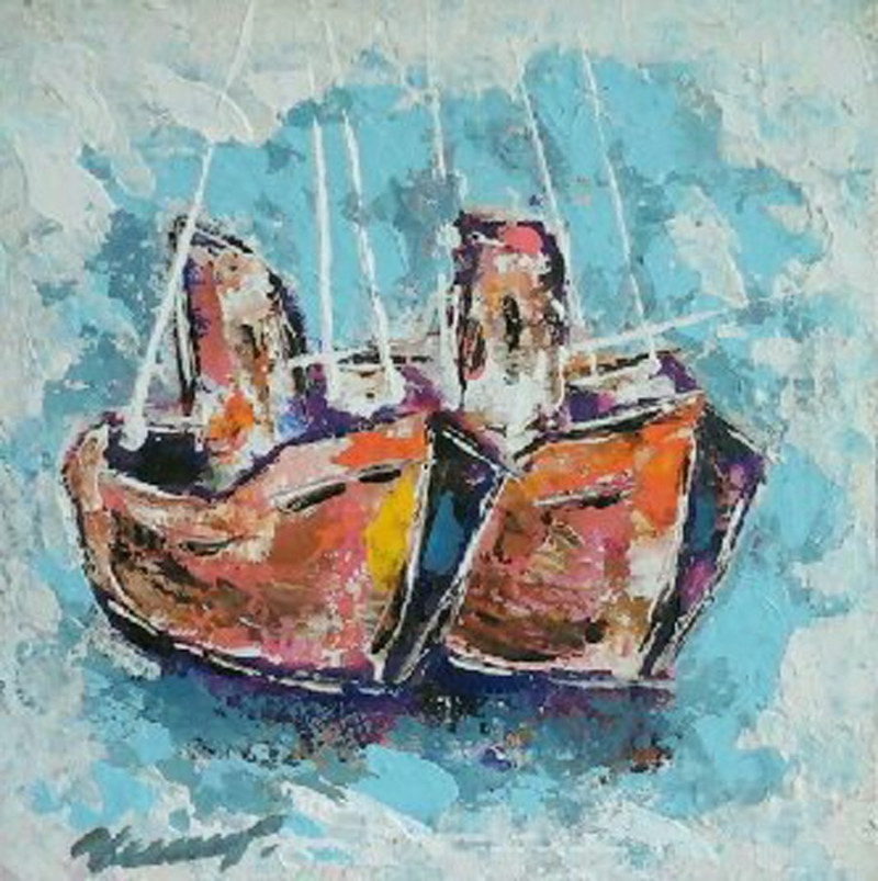 Fishermens Boats original painting by Vaclovas Vekerotas. Marine Art