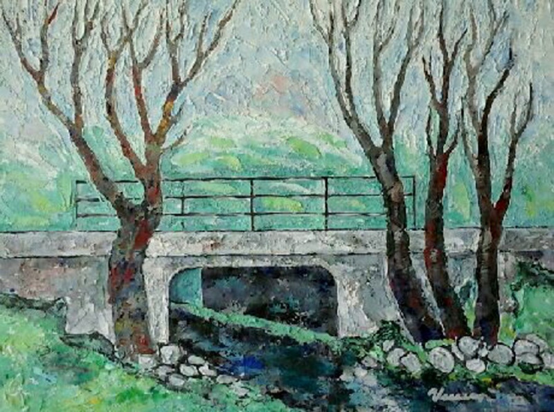 Bridge Over Jevonis original painting by Vaclovas Vekerotas. Spring Paintings