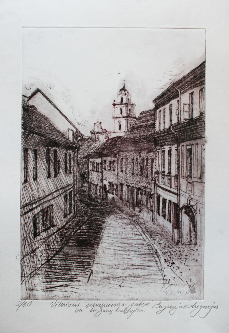 Vilnius Oldtown Street and Church of Sts. Johns original painting by Eugenijus Lugovojus. Urbanistic - Cityscape