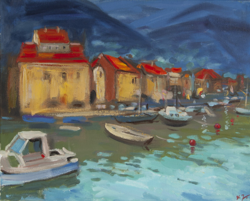Kotor Dock original painting by Vidmantas Jažauskas. Calm paintings