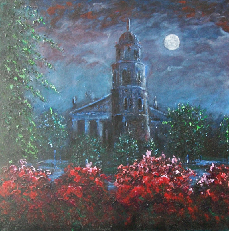 Night original painting by Petras Beniulis. Urbanistic - Cityscape