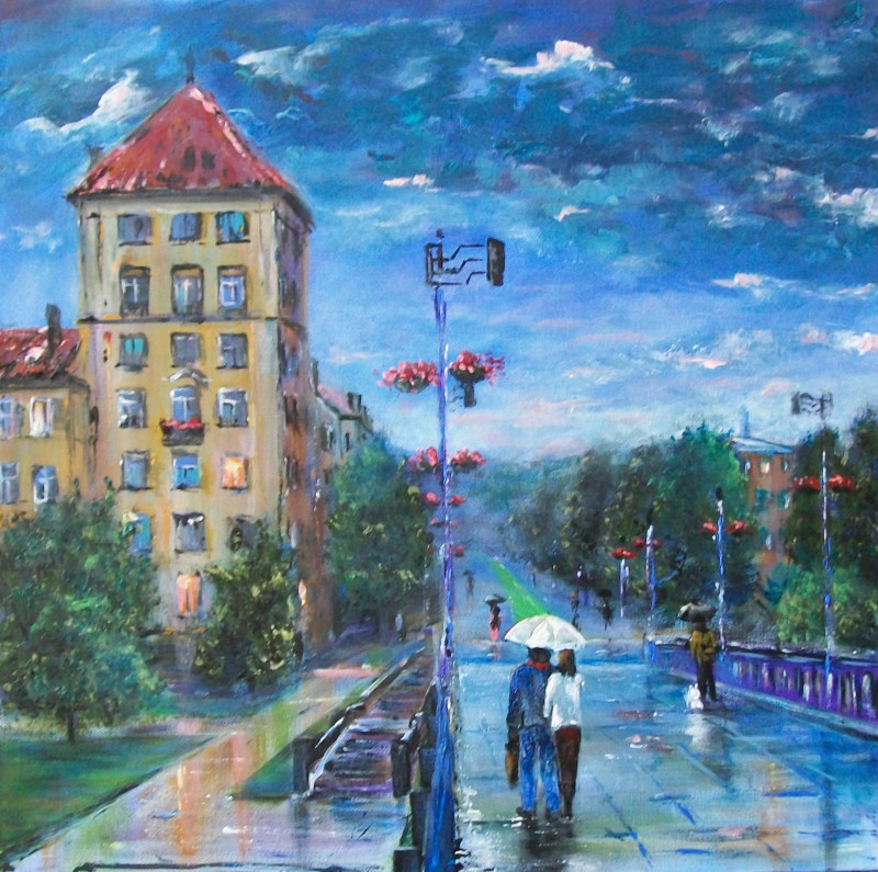 Rain original painting by Petras Beniulis. Urbanistic - Cityscape