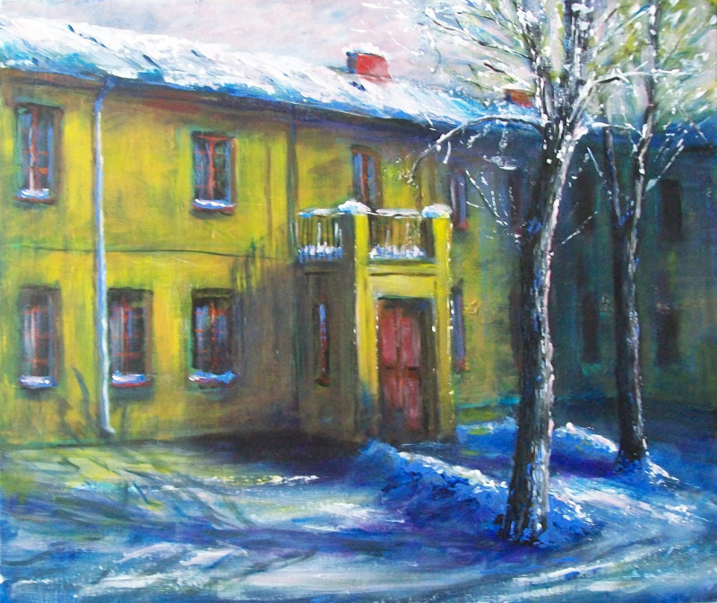 Vilniaus street 29 original painting by Petras Beniulis. Paintings With Winter