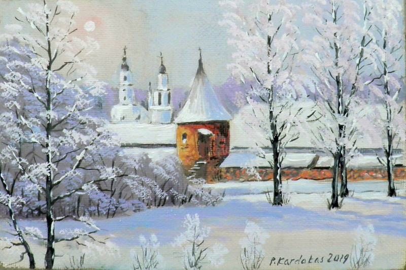 Petras Kardokas tapytas paveikslas Vaizdas į Kauno pilį iš Vilijampolės, Paveikslai su Žiema , paveikslai internetu