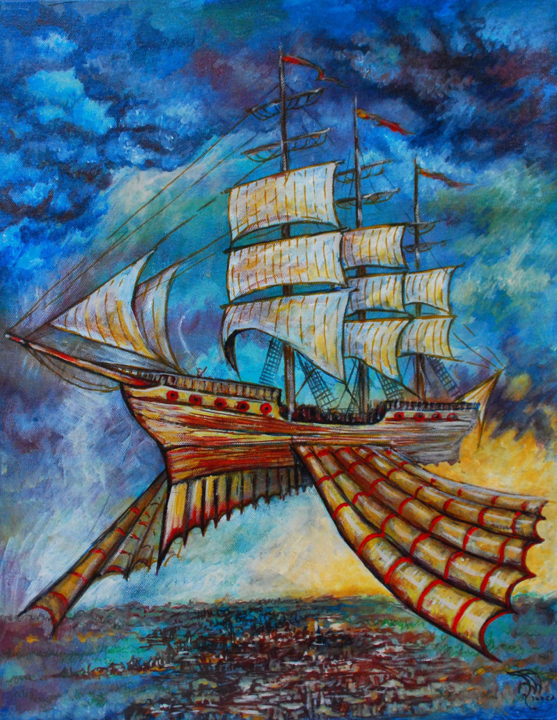 Ship In Clouds original painting by Jurga Povilaitienė. Fantastic