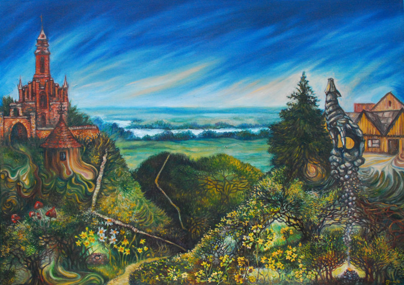 Kernavė original painting by Jurga Povilaitienė. Urbanistic - Cityscape