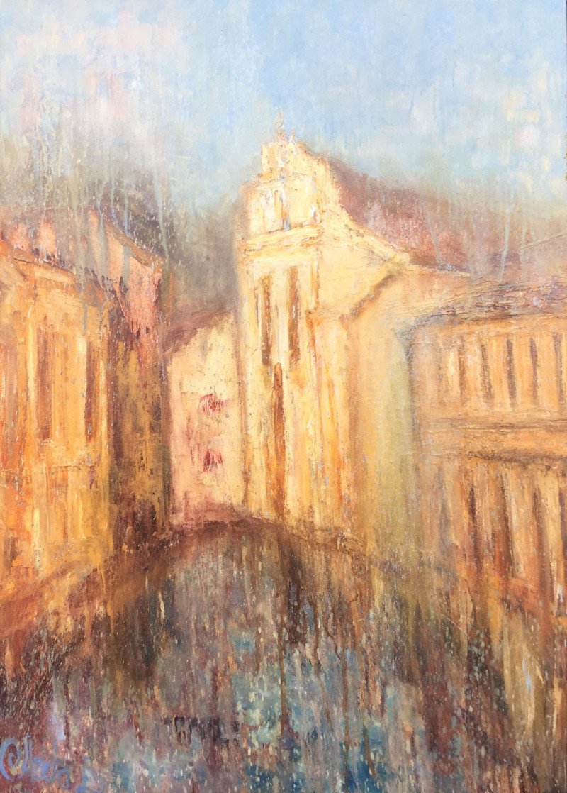 Mystery Of Rain original painting by Areta Didžionienė. Urbanistic - Cityscape