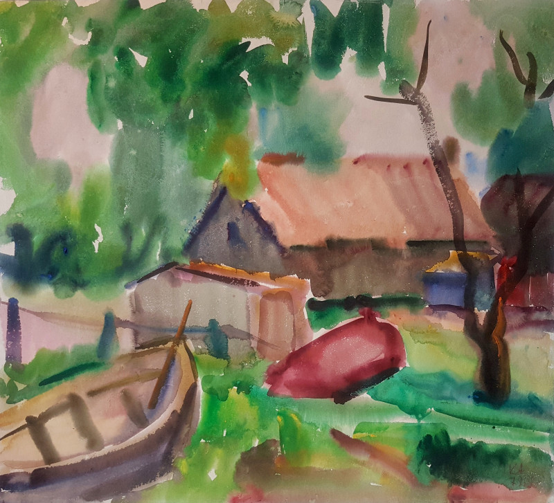 Kazys Abramavičius tapytas paveikslas Žvejo sodyba. Dreverna, Akvarelė , paveikslai internetu