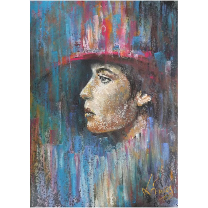 Woman with Hat original painting by Linas Bražukas. Pastel