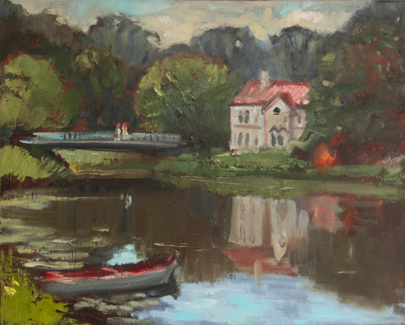Landscape With A Bridge And Boat original painting by Vidmantas Jažauskas. Landscapes
