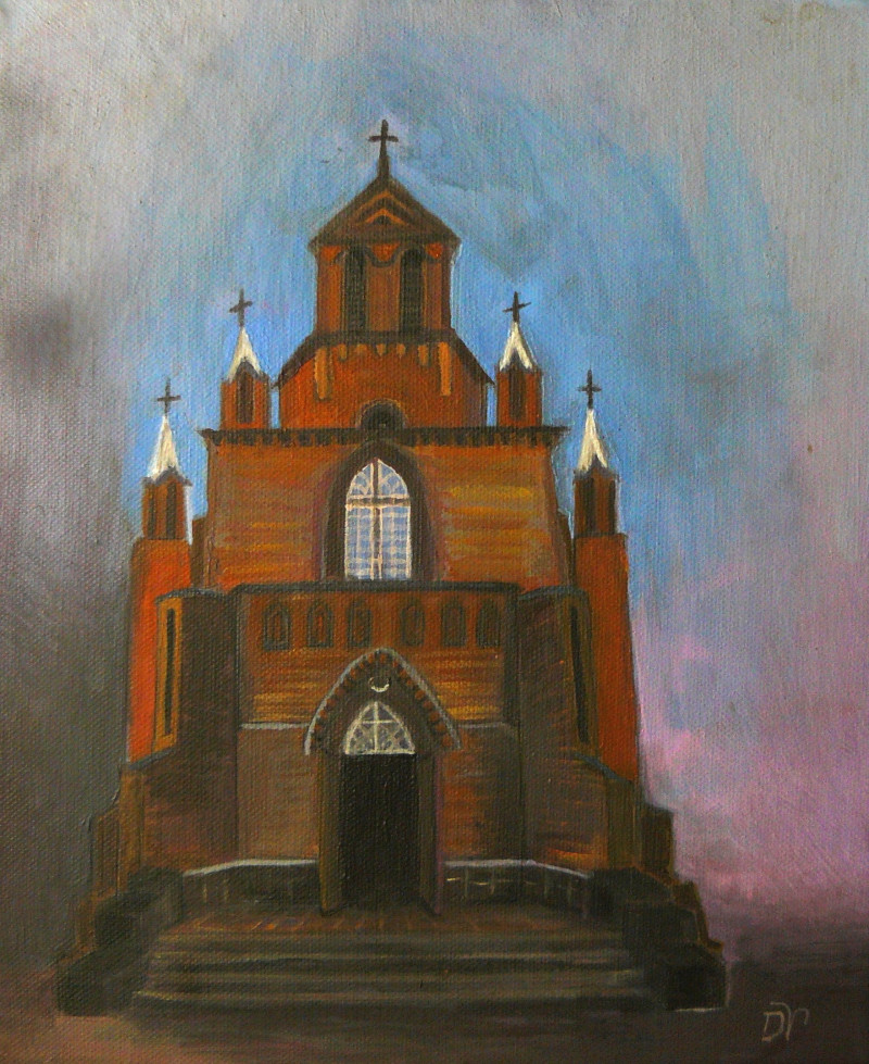 Birštonas St. Antano Paduviečio church original painting by Dalius Virbickas. Urbanistic - Cityscape