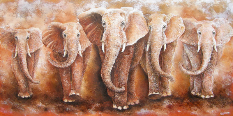 An elephant safari original painting by Viktorija Labinaitė. Animalistic Paintings