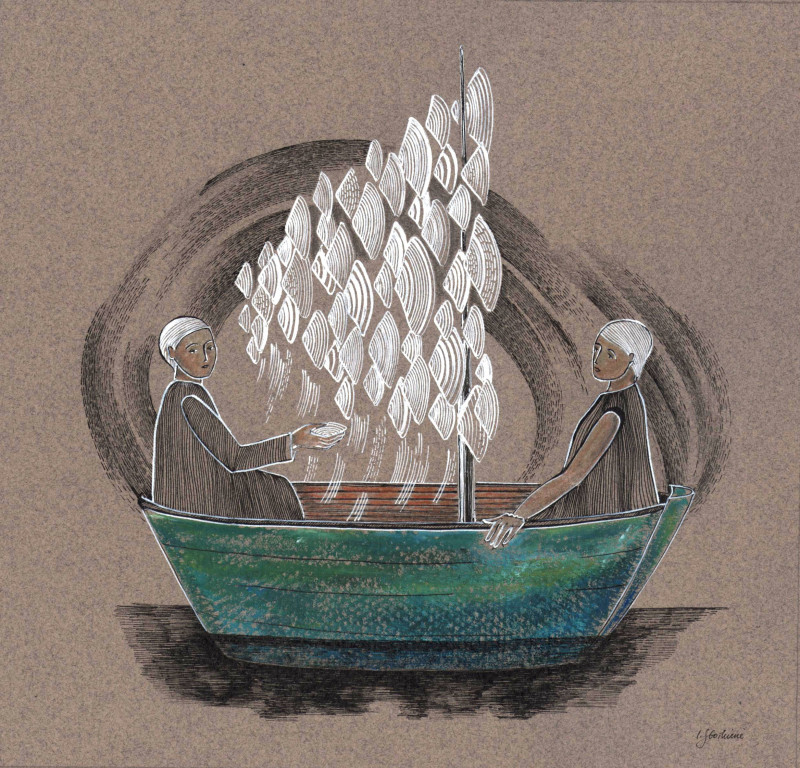 Ieva Stoškienė tapytas paveikslas Dviese valtyje, Miniatiūros - Maži darbai , paveikslai internetu