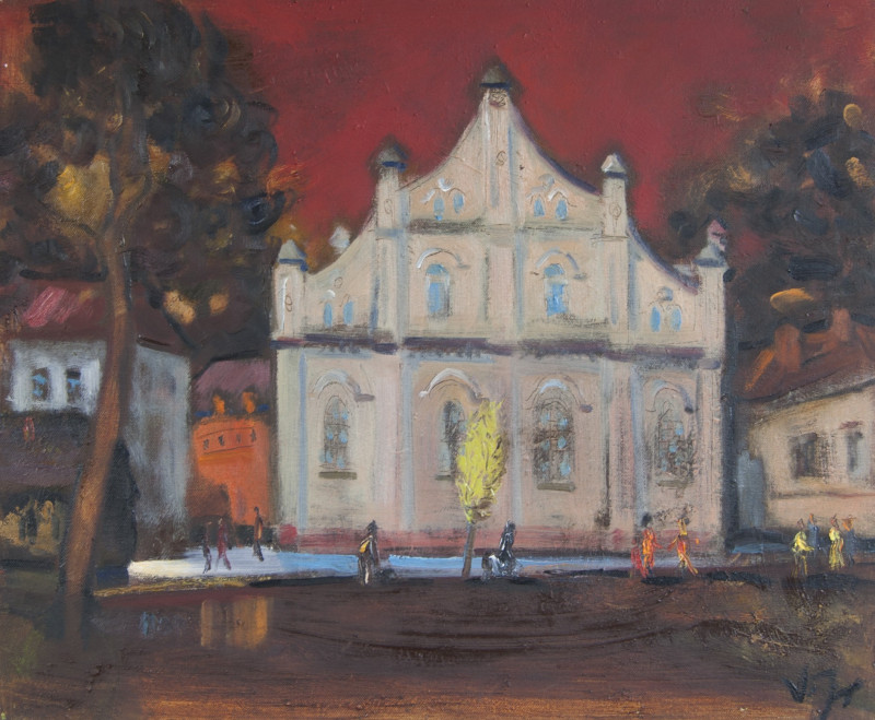 Synagogue in the Evening original painting by Vidmantas Jažauskas. Urbanistic - Cityscape