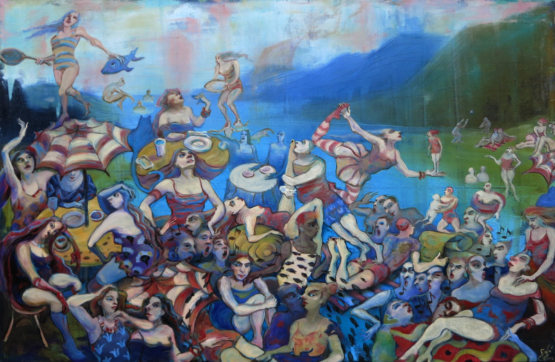 Eglė Colucci tapytas paveikslas Piknikas prie ežero, Tapyba su žmonėmis , paveikslai internetu