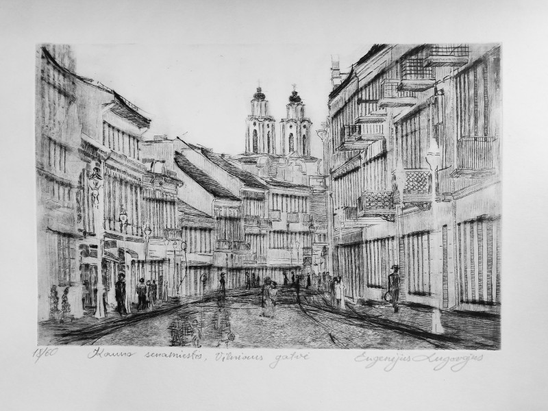 Kaunas Old Town. Vilnius Street original painting by Eugenijus Lugovojus. Graphics and printing