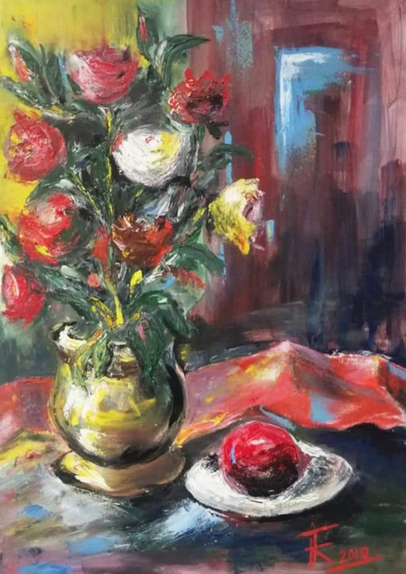 White rose and garnet original painting by Fausta Kybartienė. Still Life For Kitchen