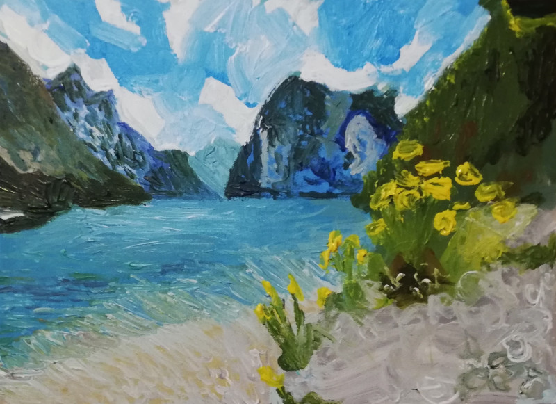 Birutė Paplauskaitė tapytas paveikslas Peizažas su kalnais, Ekspresija , paveikslai internetu