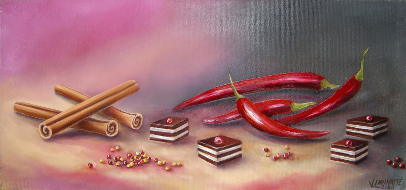 Viktorija Labinaitė tapytas paveikslas Desertas su čili, Natiurmortas virtuvei , paveikslai internetu