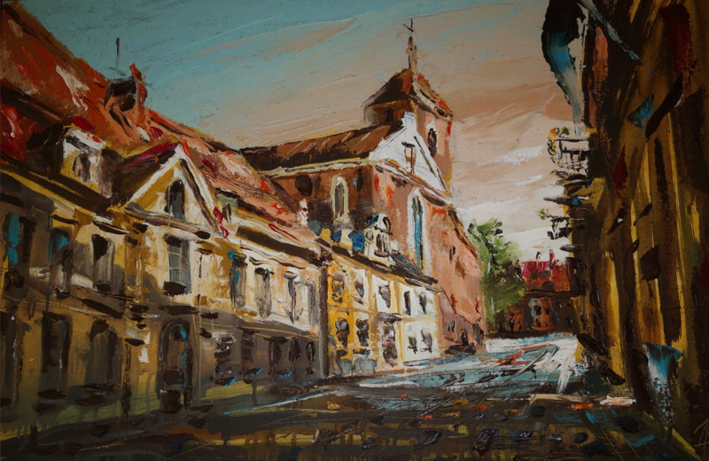 Arvydas Zdanavičius tapytas paveikslas Kauno senamiestis, Valančiaus gatvė , Urbanistinė tapyba , paveikslai internetu