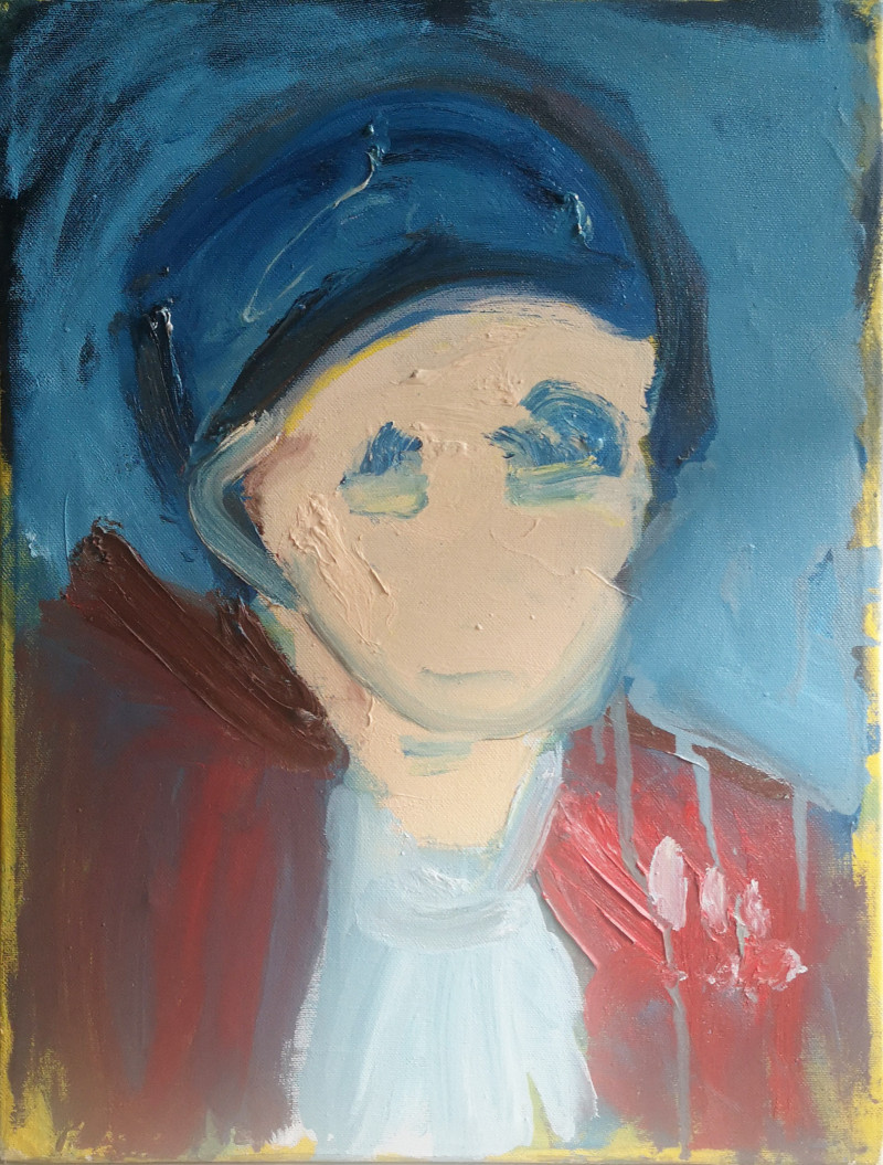Portrait with blue cap / donation to Ukraine original painting by Donara Manuk. Slava Ukraini