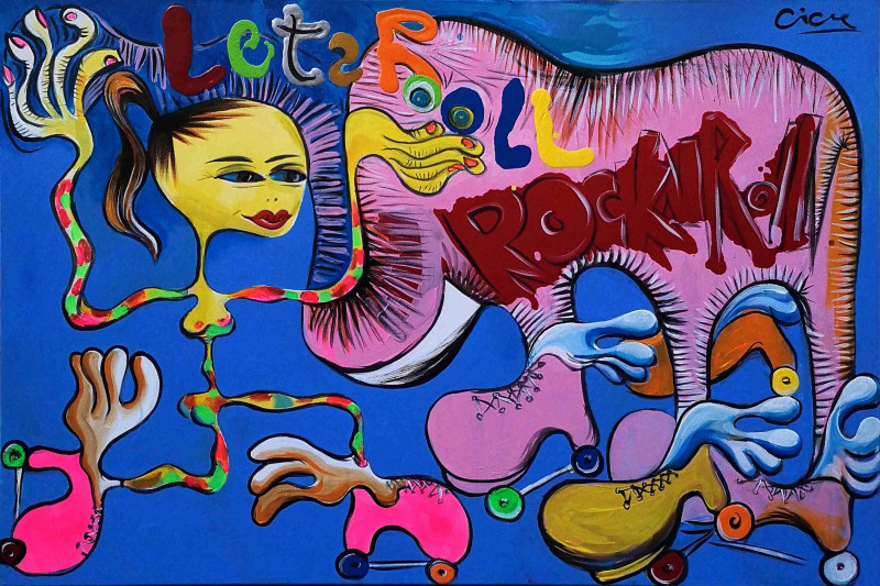 Girl and Pink Elephant original painting by Linas Cicėnas. Dynamic Artworks