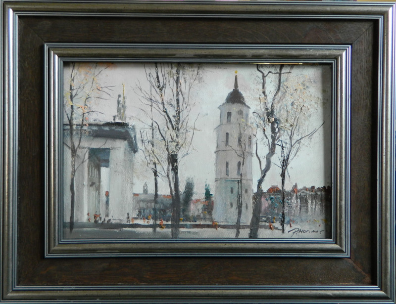 By The Cathedral original painting by Rolandas Mociūnas. Urbanistic - Cityscape