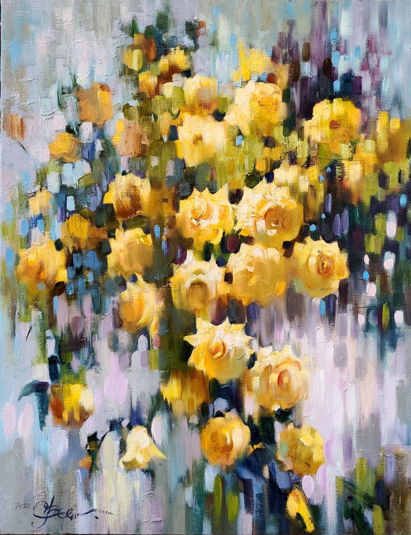 Svetlana Ovinova tapytas paveikslas Geltonos rožės, balta siena, Gėlės , paveikslai internetu