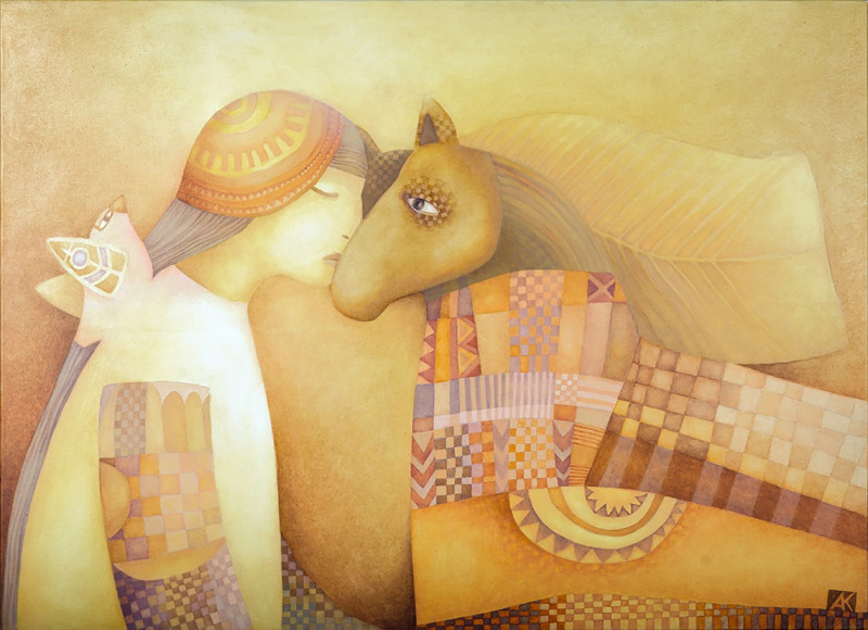 Angel and A Little Horse original painting by Asta Keraitienė. Fantastic
