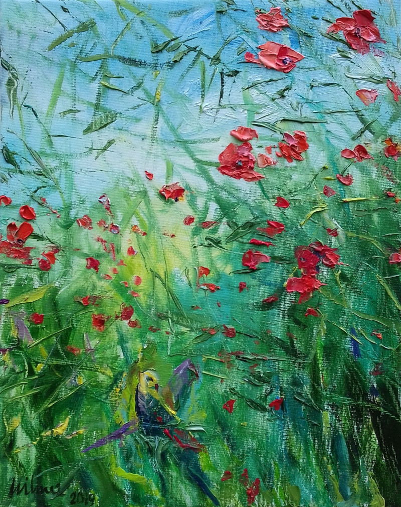 Poppies With Parrots original painting by Vilma Vasiliauskaitė. Flowers