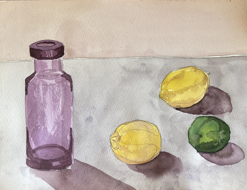 Gabrielė Prišmantaitė tapytas paveikslas Vaza ir trys citrinos, Akvarelė , paveikslai internetu