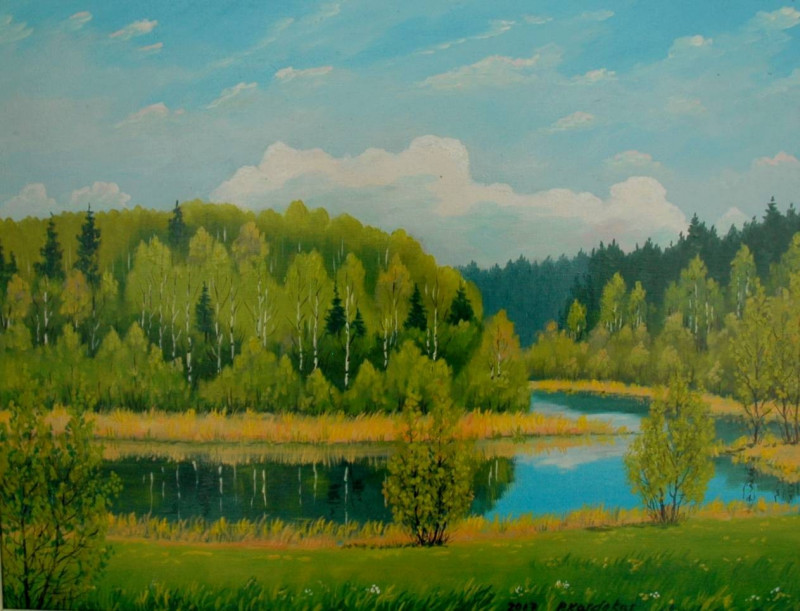 Strėva. Spring original painting by Petras Kardokas. Landscapes