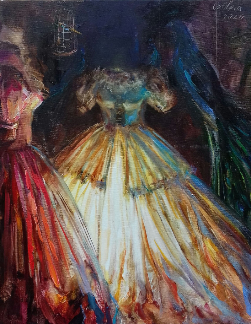 Vilma Vasiliauskaitė tapytas paveikslas Rūbinė iš ciklo \\"Auksinis narvelis\\", Spalvų pliūpsnis , paveikslai internetu