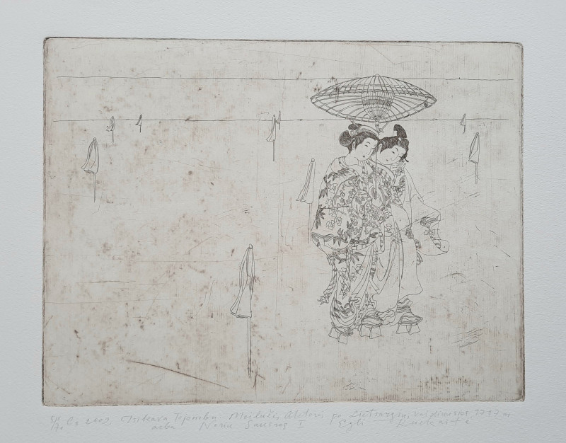 Eglė Kuckaitė tapytas paveikslas Isikava Tojonobu. Meilužės aktorės po lietsargiu, vaidinusios 1747 arba Noriu Sausros I, Gra...