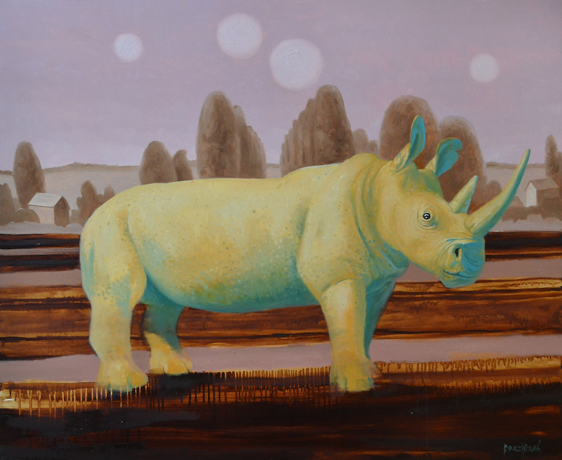 Stay of Rhinoceros (Rhinocerotidae) original painting by Artūras Braziūnas. Animalistic Paintings