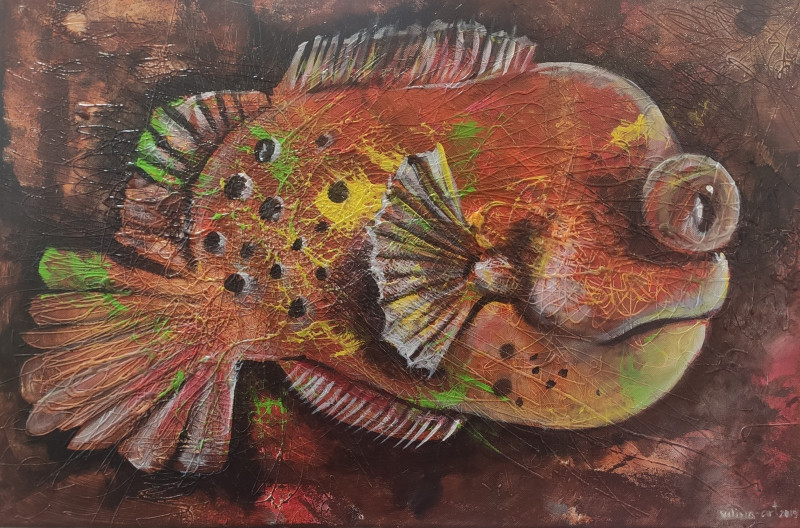 Lina Videckienė tapytas paveikslas Labai rimtas žuviokas, Animalistiniai paveikslai , paveikslai internetu