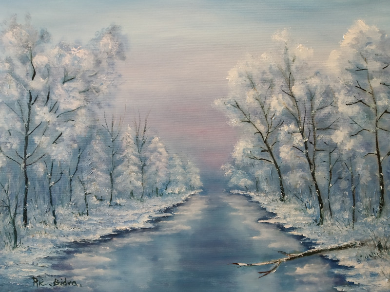 Ričardas Bidva tapytas paveikslas Šventosios atkarpa žiemą, Peizažai , paveikslai internetu