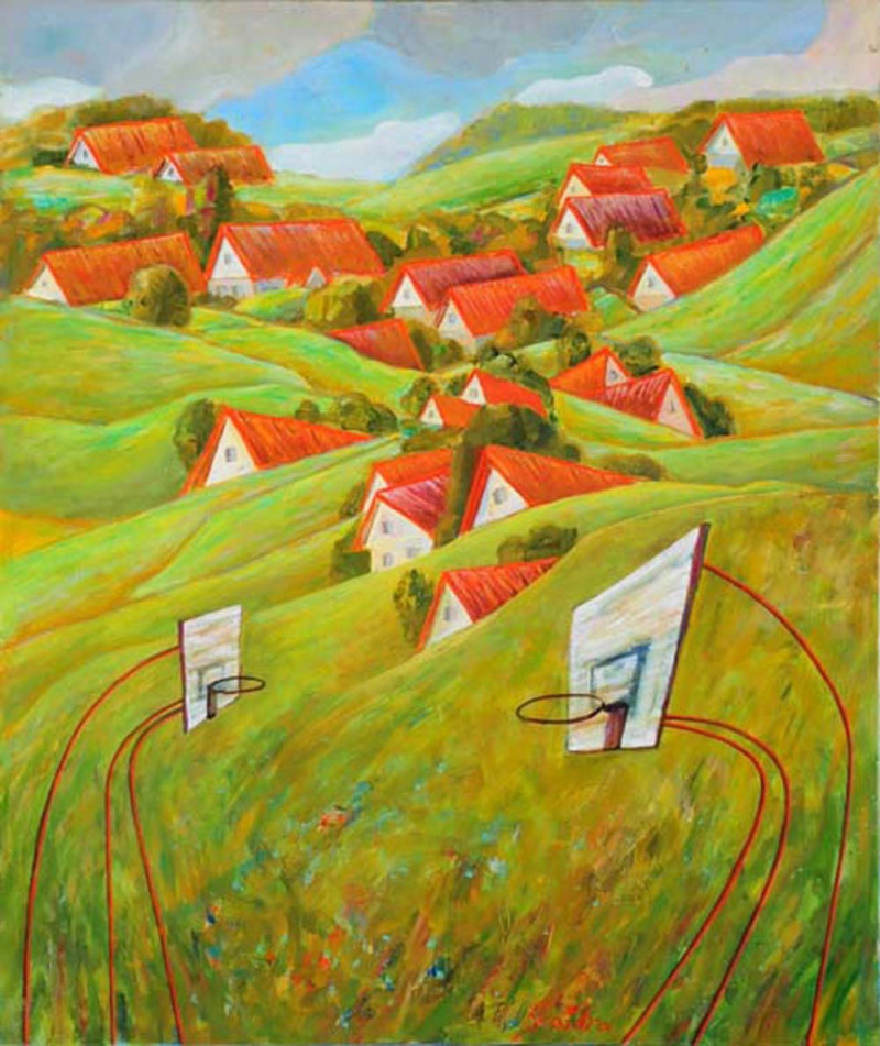 Skaidra Savickas tapytas paveikslas Žaidimas su raudonais stogais, Tapyba aliejumi , paveikslai internetu