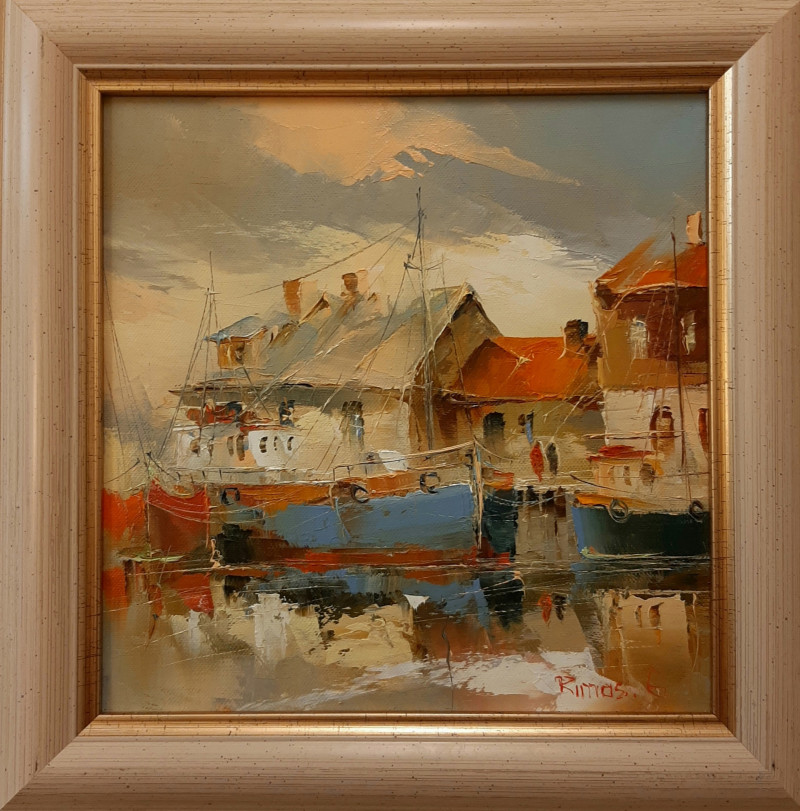 Fishing boats original painting by Rimantas Grigaliūnas. Marine Art