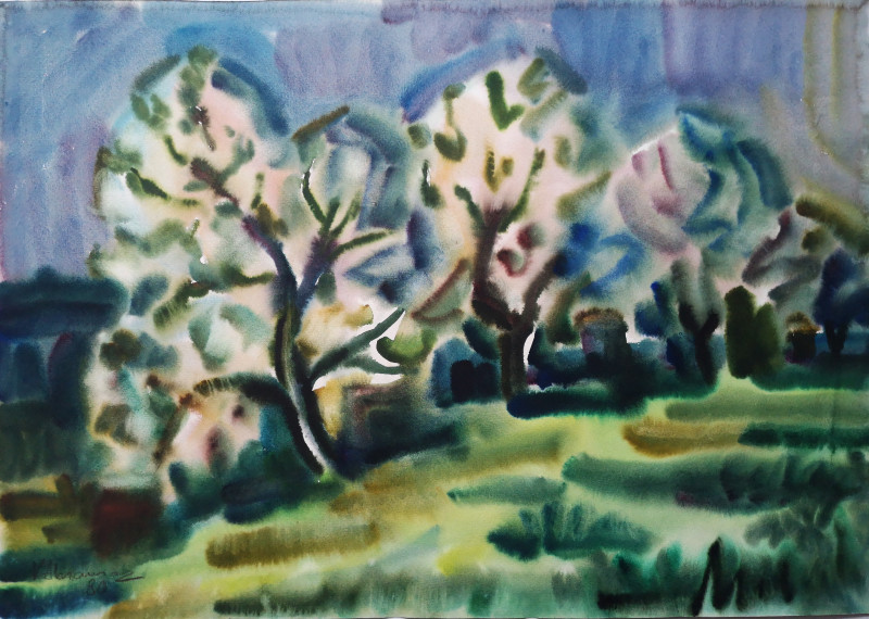 Apple Tree blooms original painting by Kazys Abramavičius. Picked landscapes