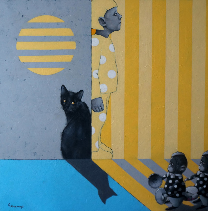 Hide and Seek with Guards original painting by Gintas Banys. Animalistic Paintings